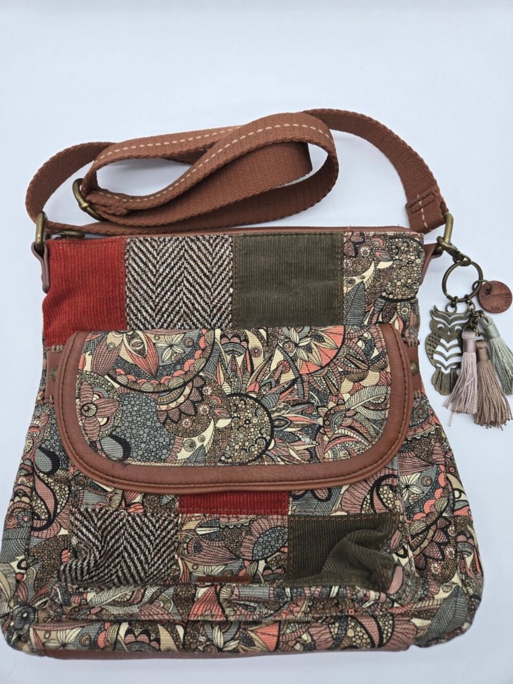 Sakroots Spirit Desert Flap Crossbody Bag Sienna Patchwork Canvas Corduroy EUC